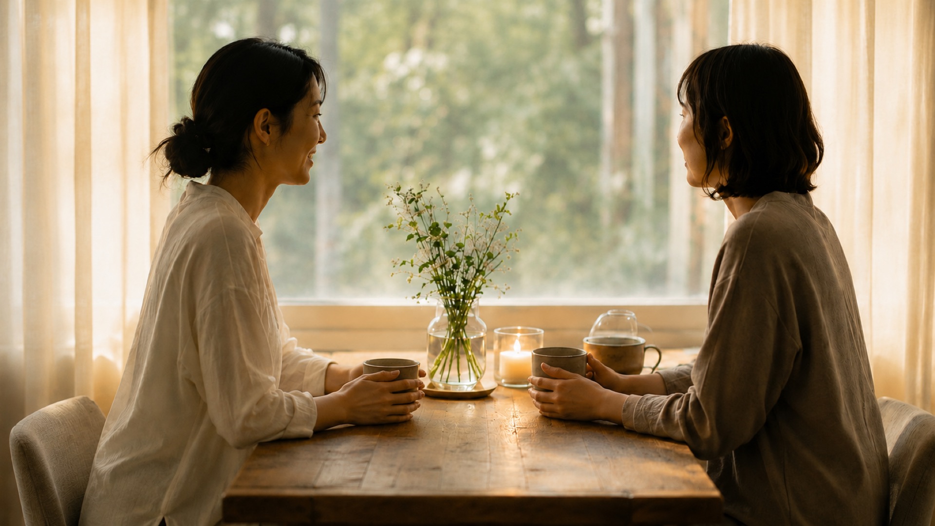 窓辺の食卓で語り合う二人のイメージ